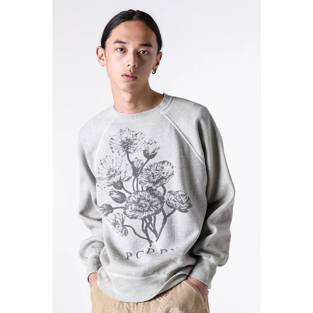 SAINT Mxxxxxx 'FLOWER' CREW NECK SWEAT SHIRTS Floral Distressed Retro Sweatshirt Distressed Gray S-XL Big Factory Four-needle Six-Thread Boneless Stitching Process/Original Horn Sleeve Version Top Printing Process Authentic Level Re-Engraving Garment Washing and Distressing/Hand-worn Graffiti Treatment Original Consistent Fruit Label/Little Angel Anti-Counterfeiting Label